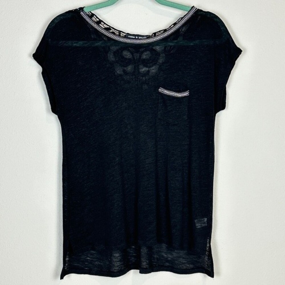 Cable & Gauge Linen-Blend Lace Back Short Sleeve Top S
